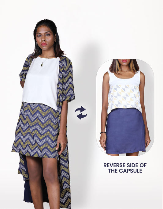 Hueloom's cityscape convertible capsule with wrap dress, top and skirt in navy kolam print with reverse side.