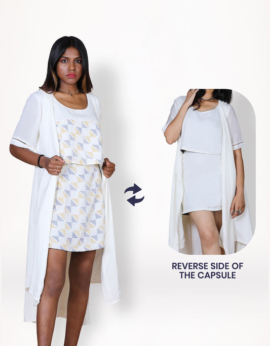 Hueloom's classic convertible capsule with wrap dress, top and skirt in white kolam print with reverse side.