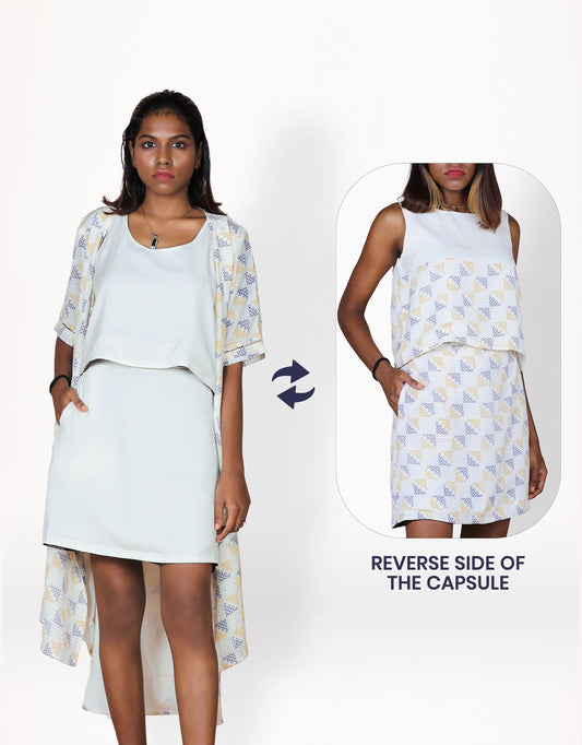 Hueloom's coastal convertible capsule with wrap dress, top and skirt in white kolam print with reverse side.