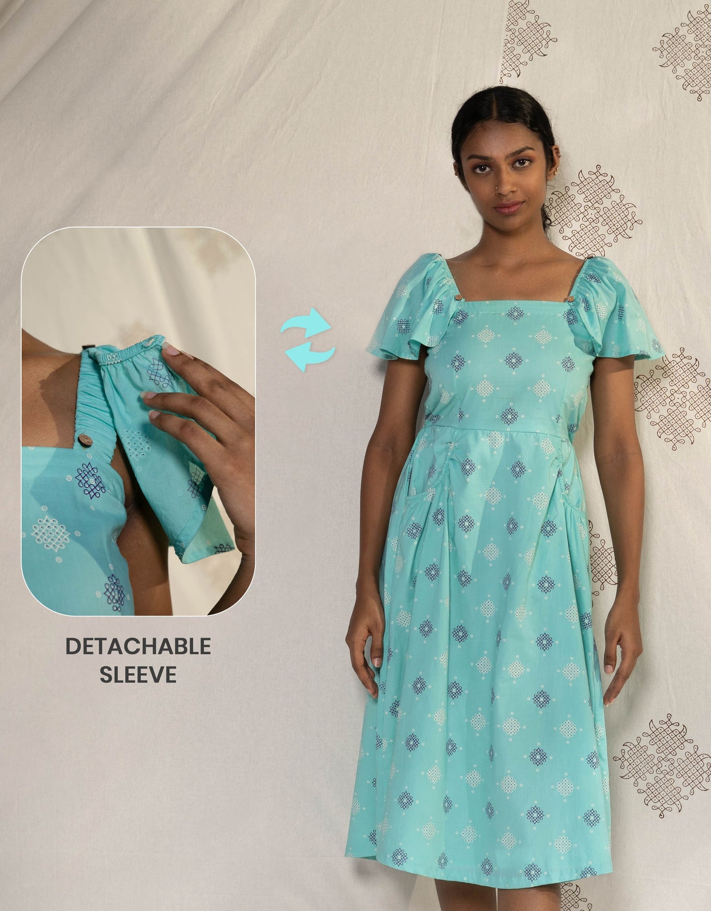 Hueloom mint blue convertible midi dress with detachable sleeve front view showing detachable sleeve feature