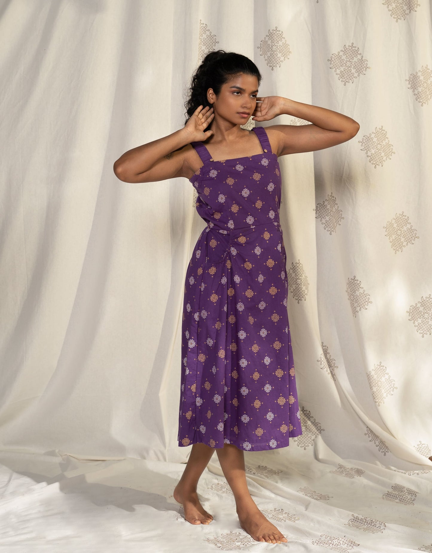 Hueloom Purple convertible midi dress with detachable sleeve front view showing without sleeve option