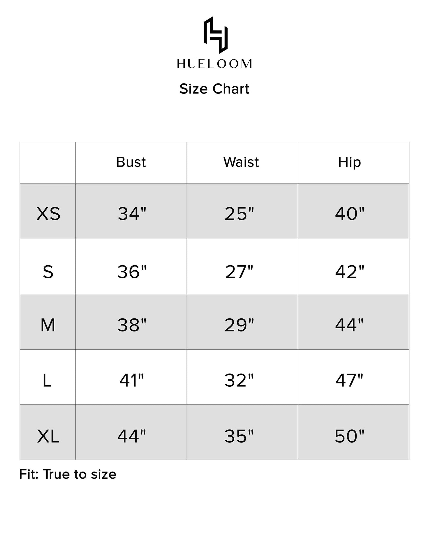 Hueloom's Elasticated Convertible Midi Dress's size chart guide for sizes XS, S, M, L, XL 
