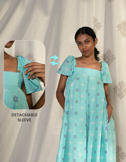 Hueloom mint blue pleated convertible jumpsuit with detachable sleeve front view showing detachable sleeve feature