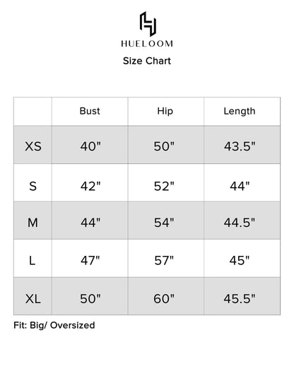 Hueloom's Pleated Convertible Jumpsuit's size chart guide for sizes XS, S, M, L, XL 