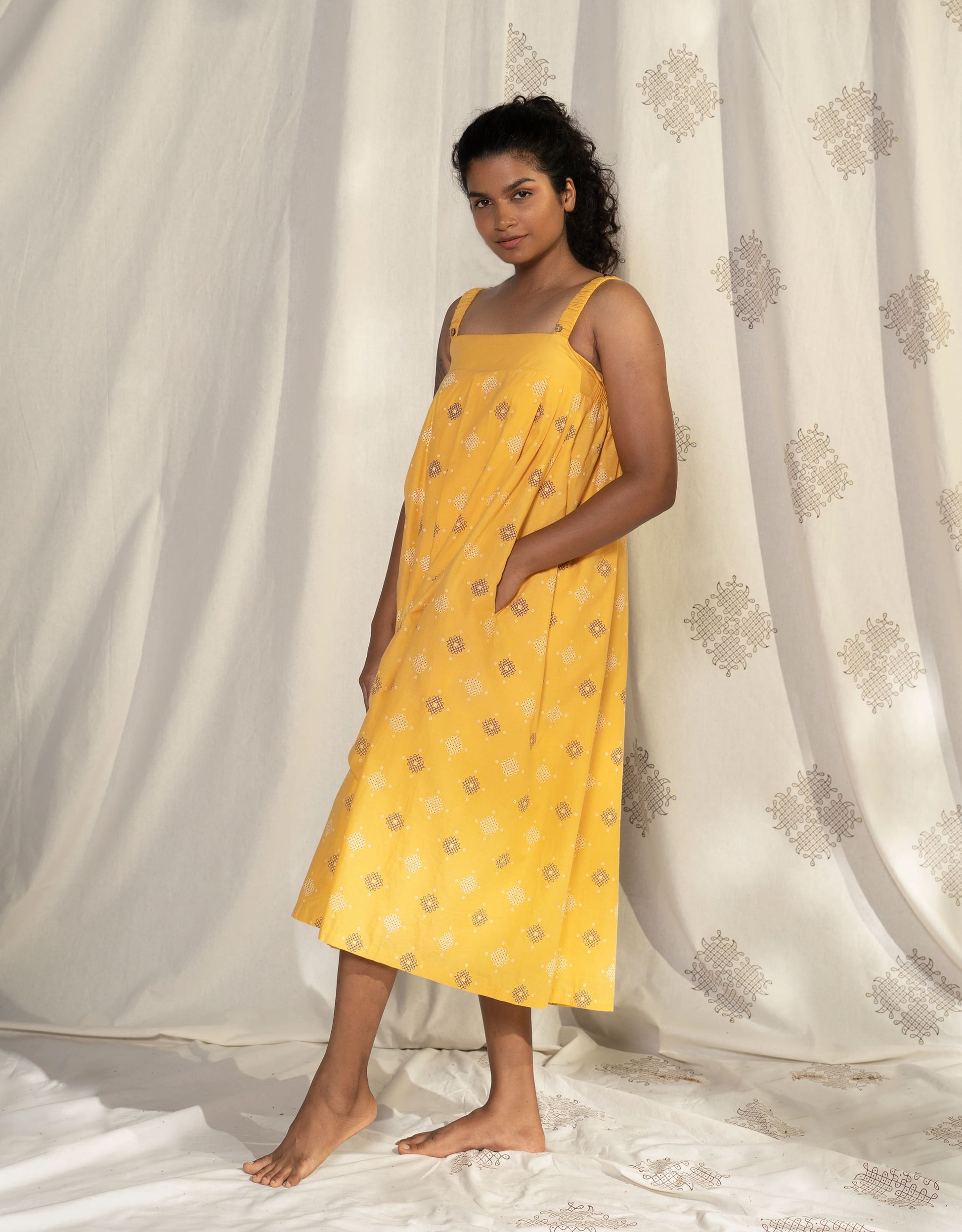 Hueloom yellow pleated convertible jumpsuit side view display