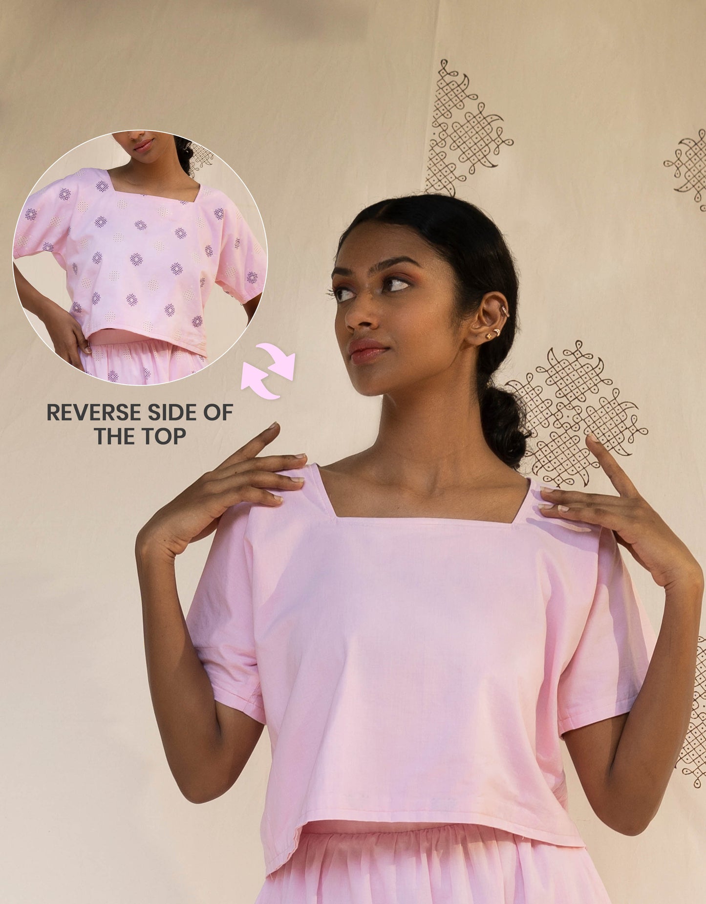 Front view of Hueloom's Reversible Boxy Top in Light Pink showing versatile reversible option with Kolam print
