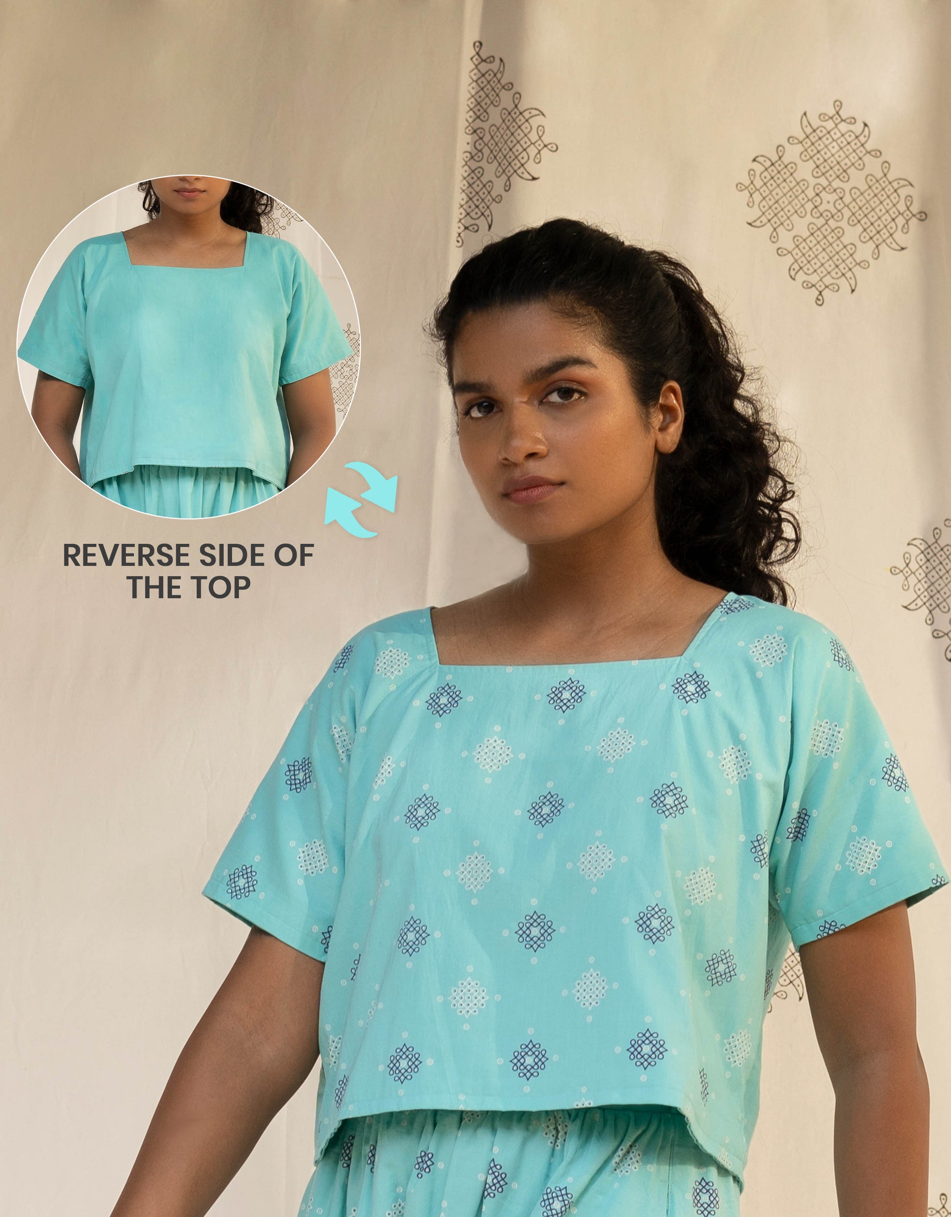 Front view of Hueloom's Reversible Boxy Top in Mint blue Kolam print showing versatile reversible option