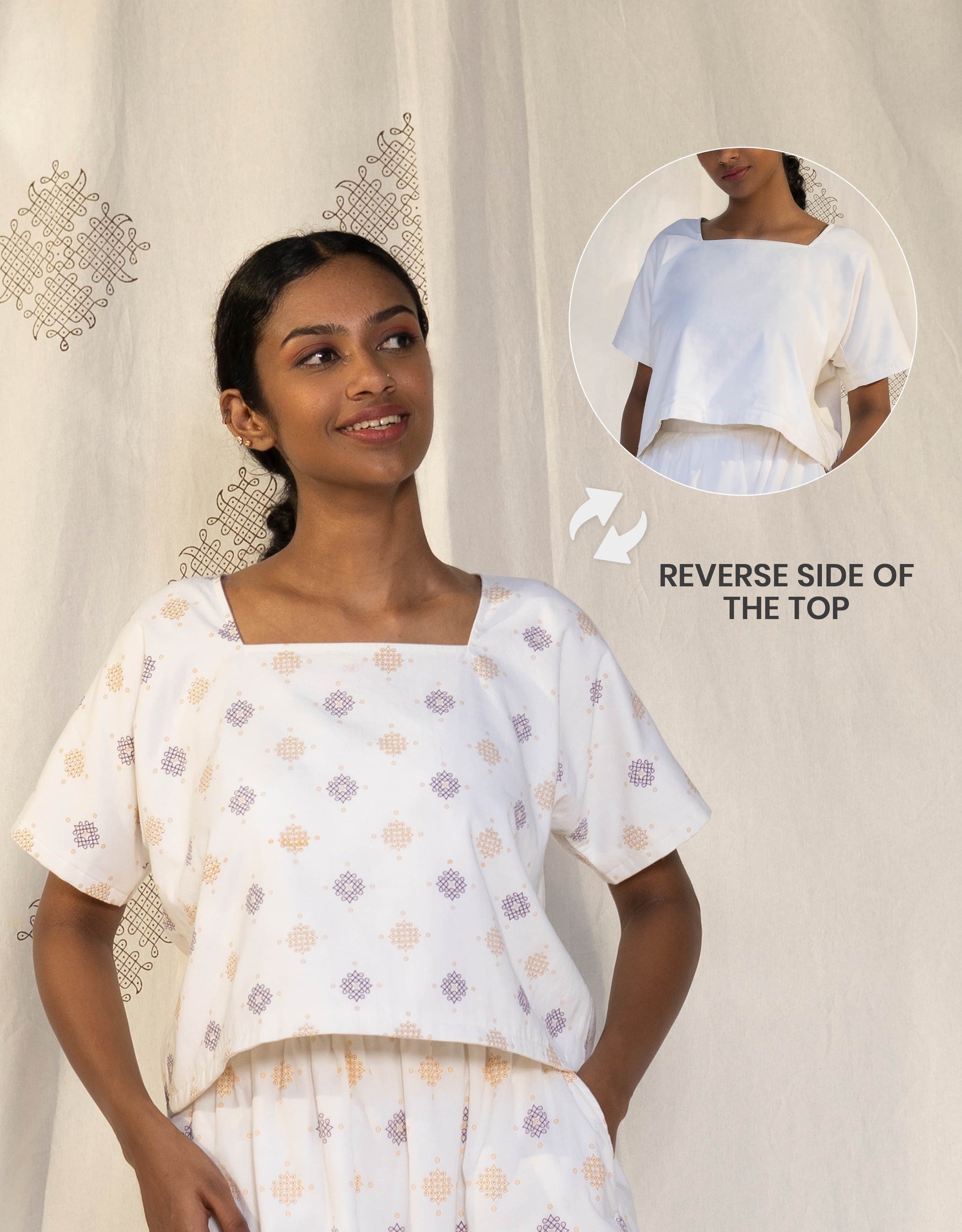 Front view of Hueloom's Reversible Boxy Top in Off-White Kolam print showing versatile reversible option