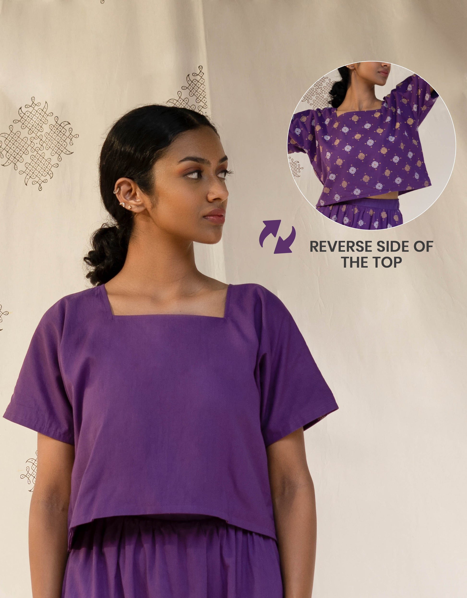 Front view of Hueloom's Reversible Boxy Top in Purple showing versatile reversible option with Kolam print