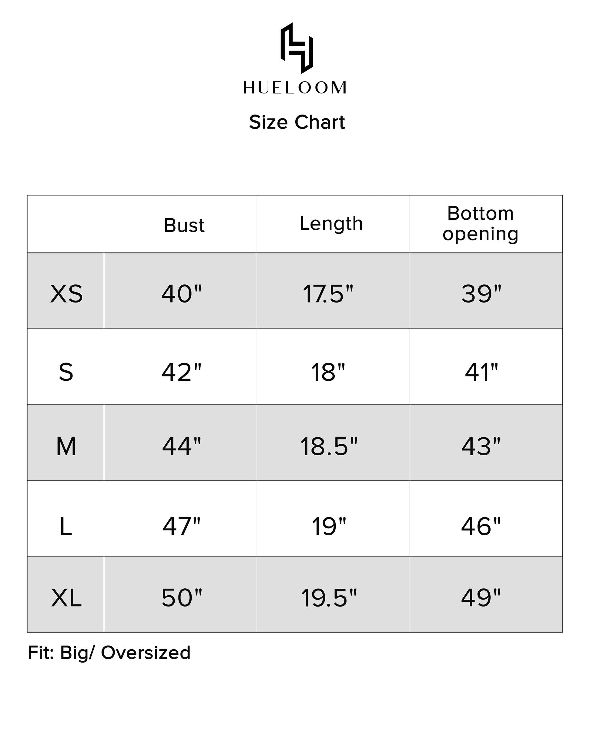 Hueloom's Reversible Boxy Top's size chart guide for sizes XS, S, M, L, XL 