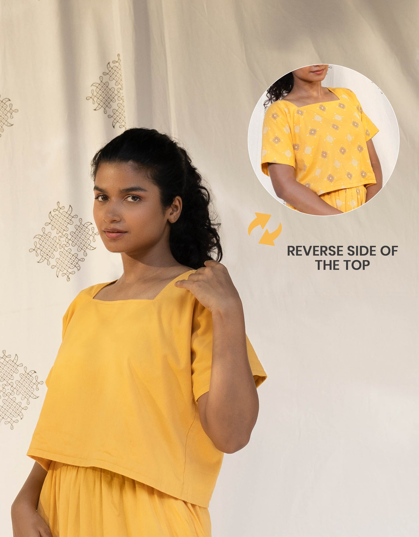 Front view of Hueloom's Reversible Boxy Top in Yellow showing versatile reversible option with Kolam print