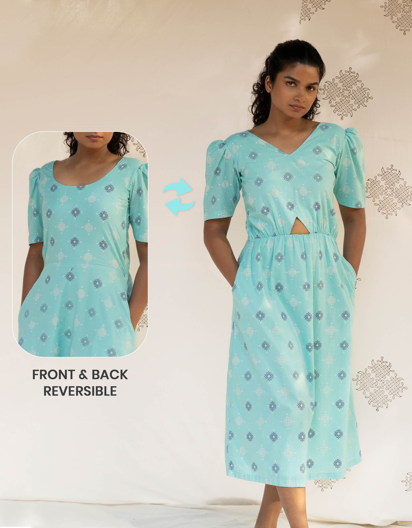 Hueloom Mint Blue Reversible Cut-out Dress front view with cut showing a versatile front and back reversible outfit option