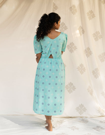 Hueloom Mint Blue Reversible  Cut-out Dress back view with cut in the centre