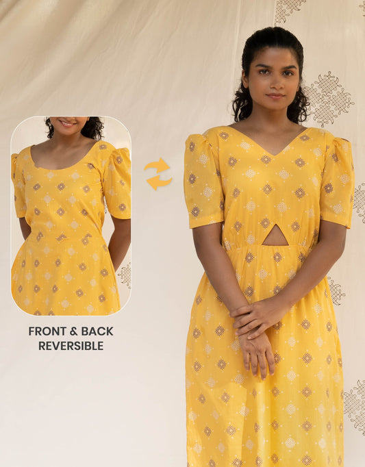 Hueloom Yellow Reversible Cut-out Dress front view with cut showing a versatile front and back reversible outfit option