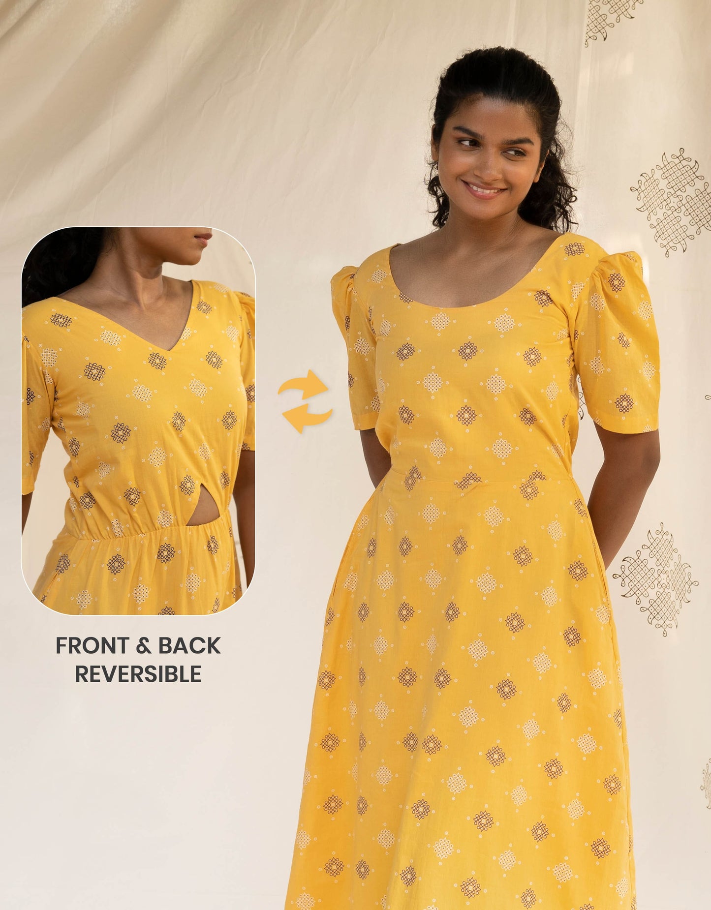 Hueloom Yellow Reversible Cut-out Dress front view without cut showing a versatile front and back reversible outfit option