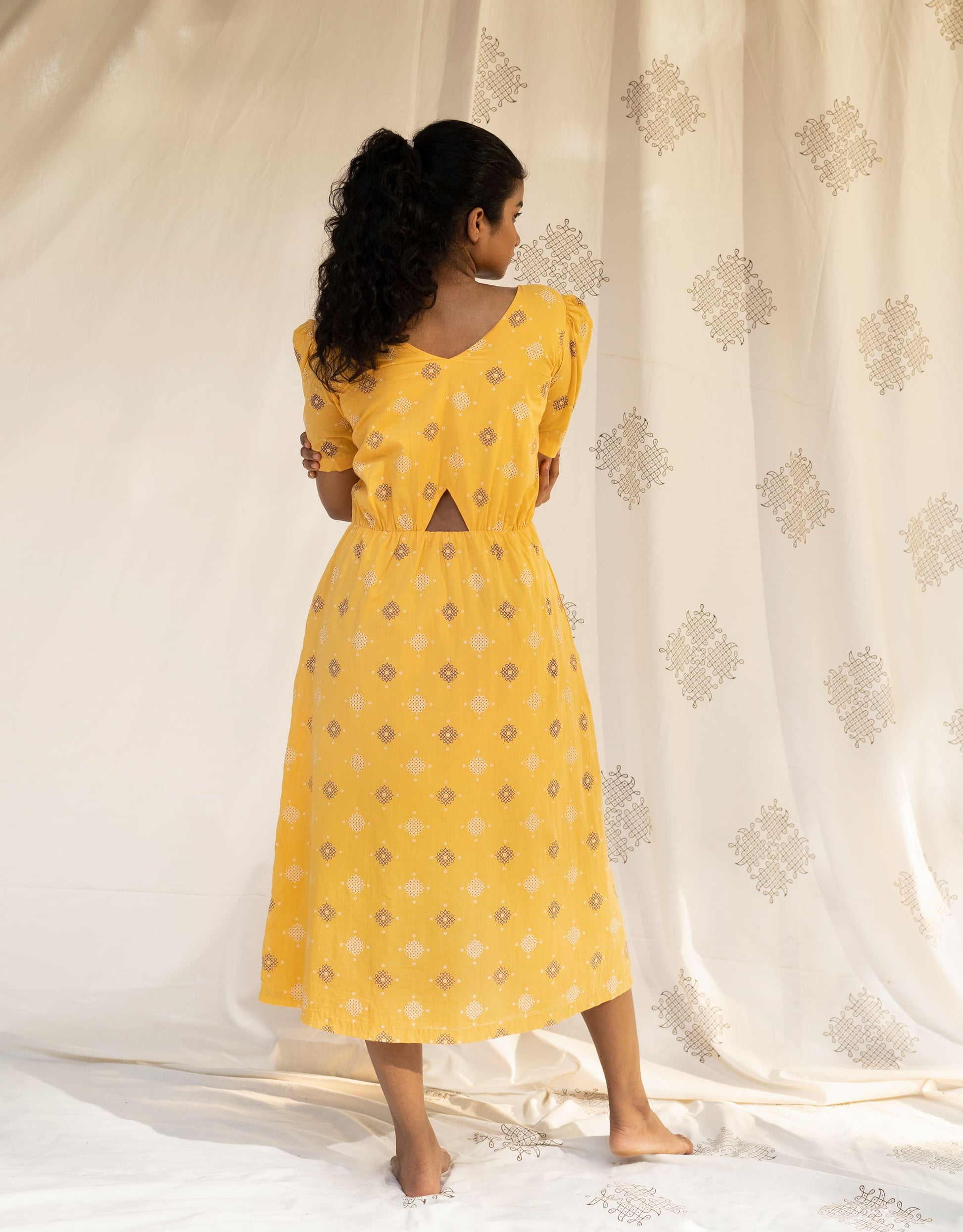 Hueloom Yellow Reversible  Cut-out Dress back view with cut in the centre
