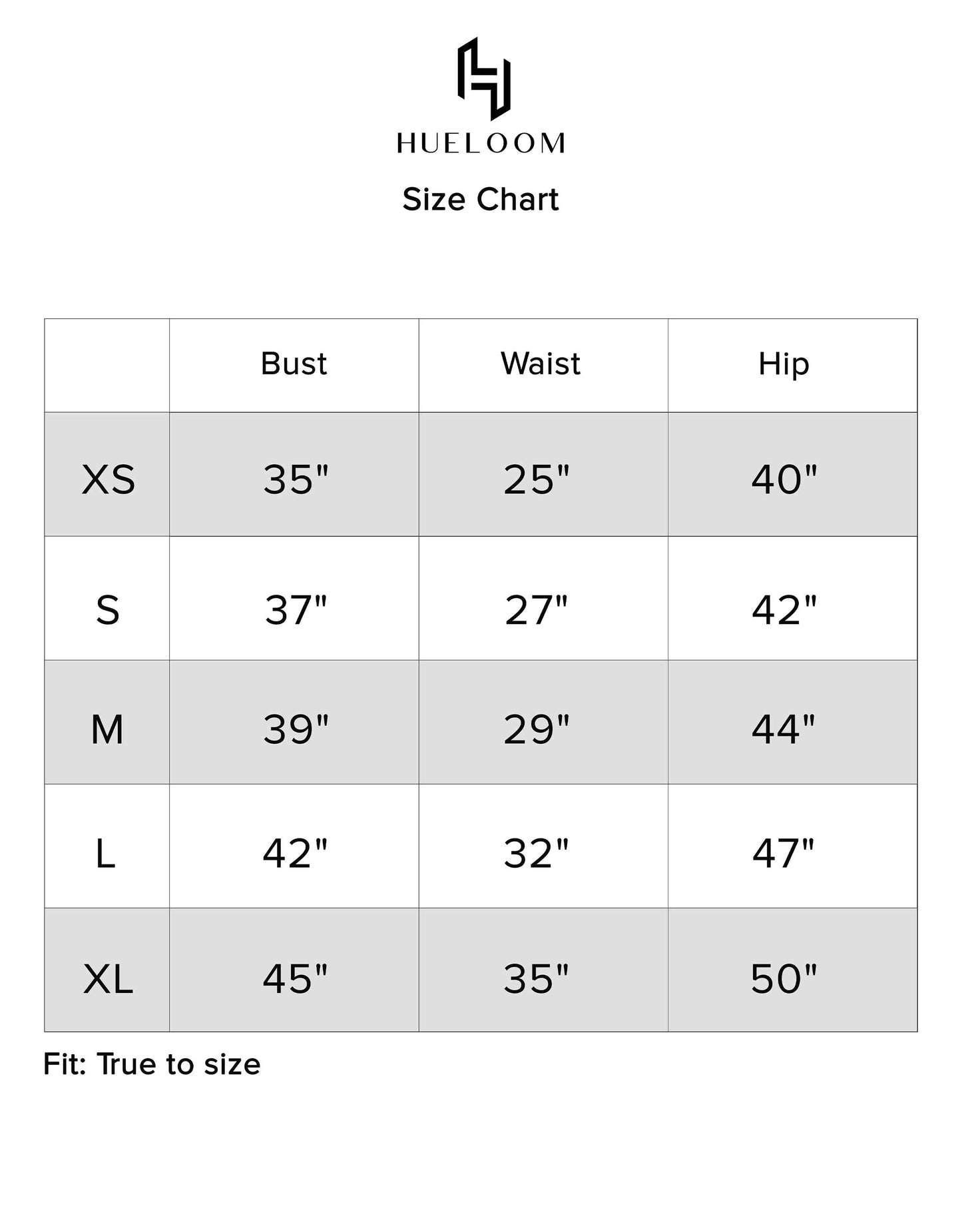 Hueloom's Reversible Cut-out Dress's size chart guide for sizes XS, S, M, L, XL 