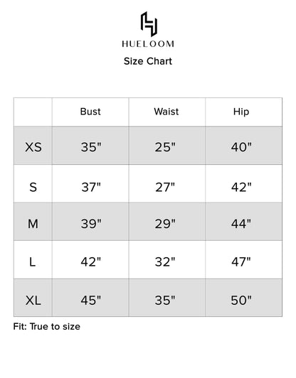 Hueloom's Reversible Cut-out Dress's size chart guide for sizes XS, S, M, L, XL 