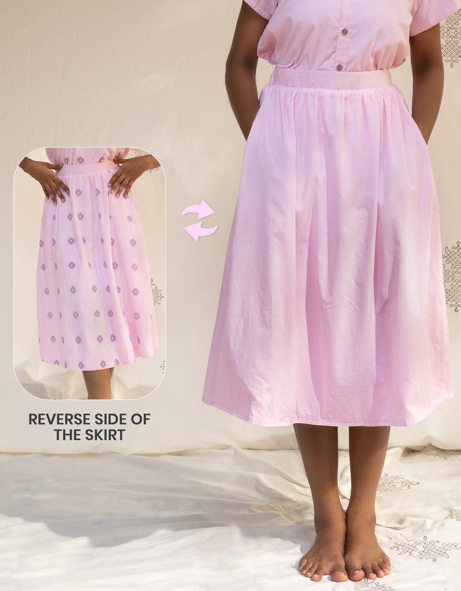 Front view of Hueloom's Reversible Midi Skirt in Light Pink showing versatile reversible option with  Kolam print