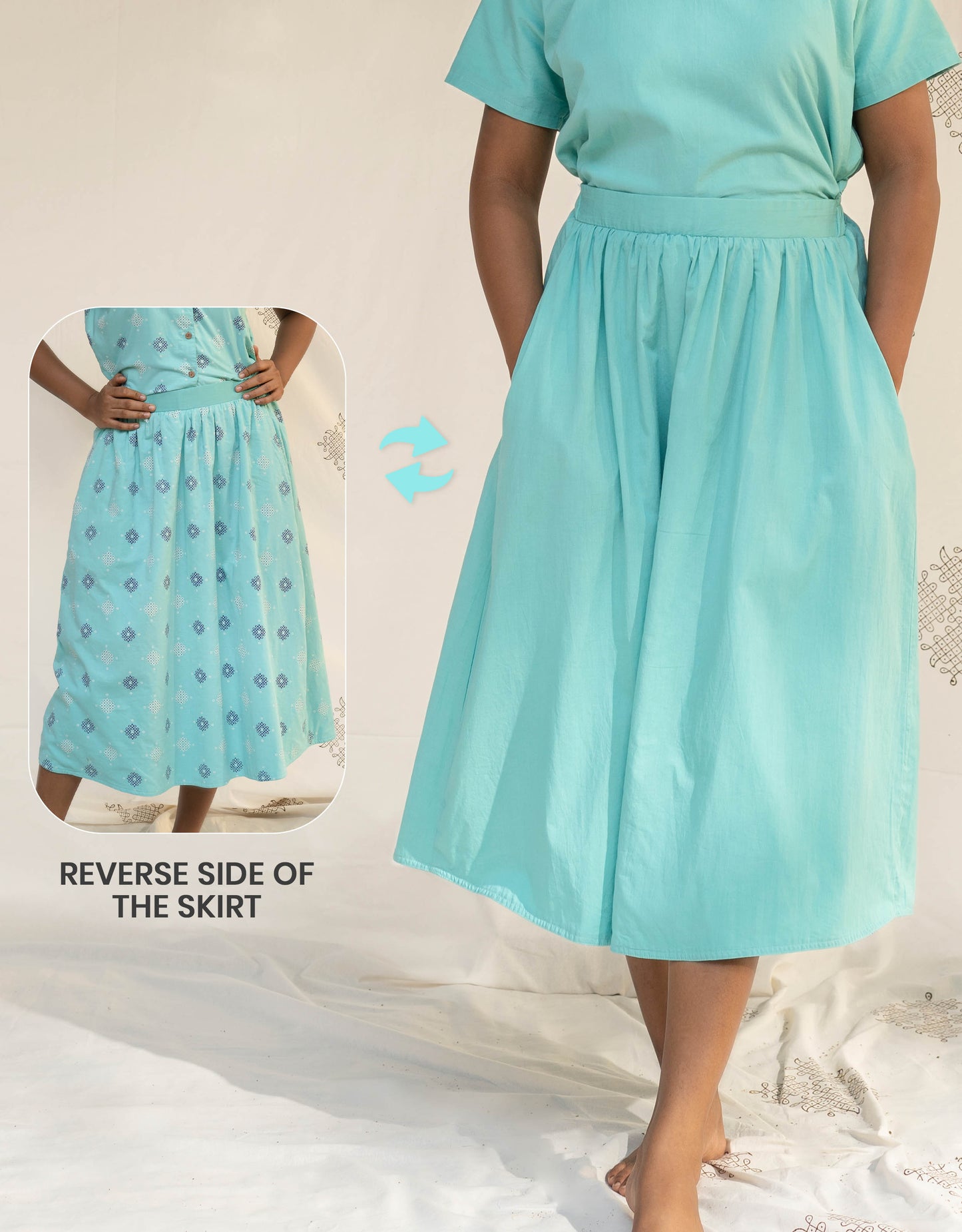 Front view of Hueloom's Reversible Midi Skirt in Mint blue showing versatile reversible option with  Kolam print