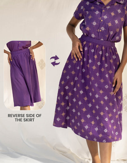 Front view of Hueloom's Reversible Midi Skirt in Purple Kolam print showing versatile reversible option