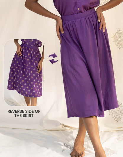 Front view of Hueloom's Reversible Midi Skirt in Purple showing versatile reversible option with  Kolam print