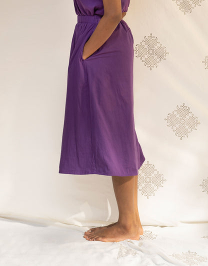 Side view of Hueloom's Reversible Midi Skirt in Purple