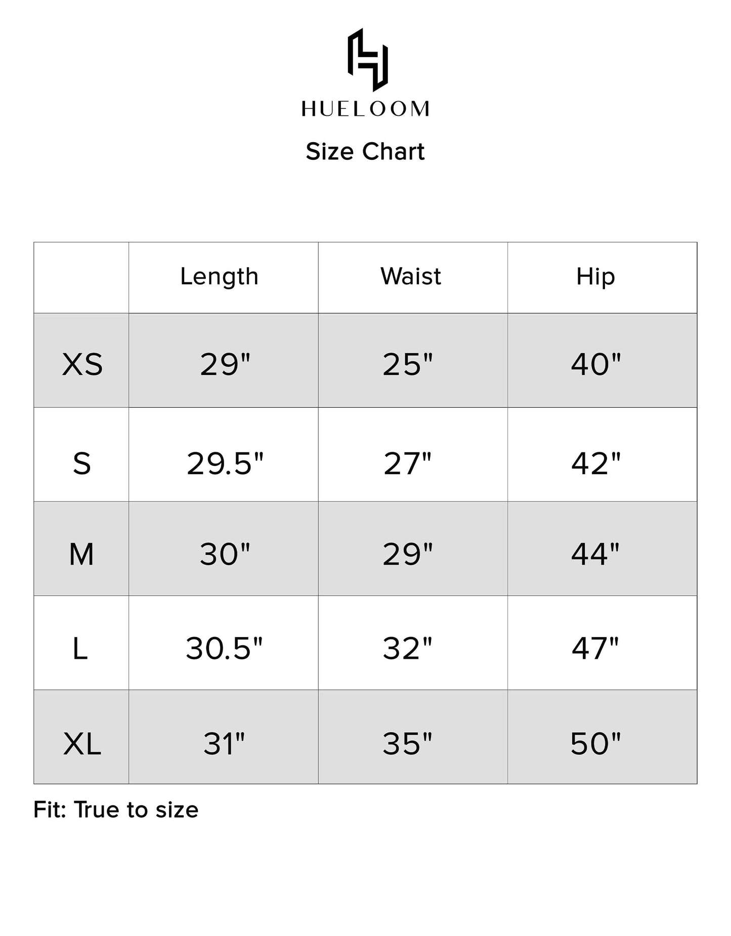 Hueloom's Reversible Midi Skirt's size chart guide for sizes XS, S, M, L, XL