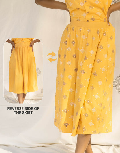 Front view of Hueloom's Reversible Midi Skirt in Yellow Kolam print showing versatile reversible option