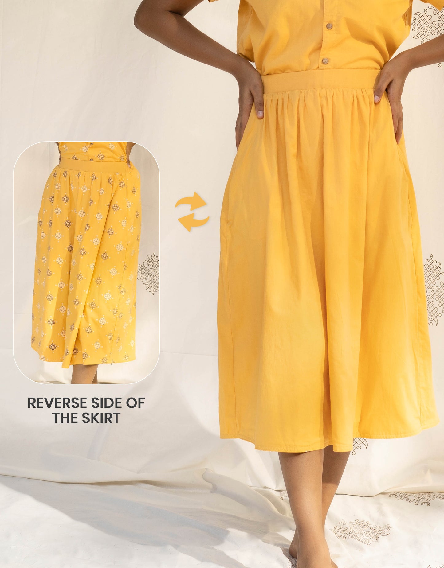 Front view of Hueloom's Reversible Midi Skirt in Yellow showing versatile reversible option with  Kolam print