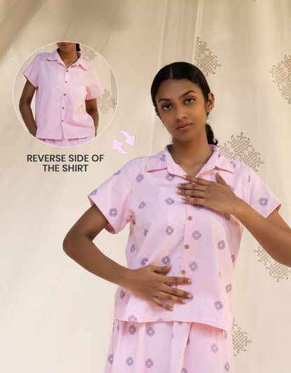Front view of Hueloom's Reversible Shirt in Light Pink Kolam print showing versatile reversible option