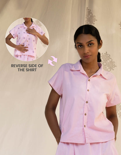 Front view of Hueloom's Reversible Shirt in Light Pink showing versatile reversible option with Kolam print
