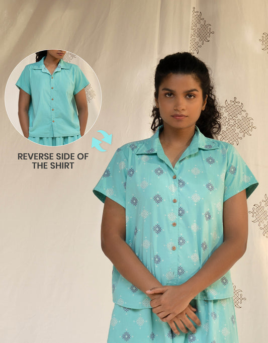 Front view of Hueloom's Reversible Shirt in Mint blue Kolam print showing versatile reversible option