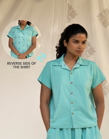 Front view of Hueloom's Reversible Shirt in Mint blue showing versatile reversible option with Kolam print