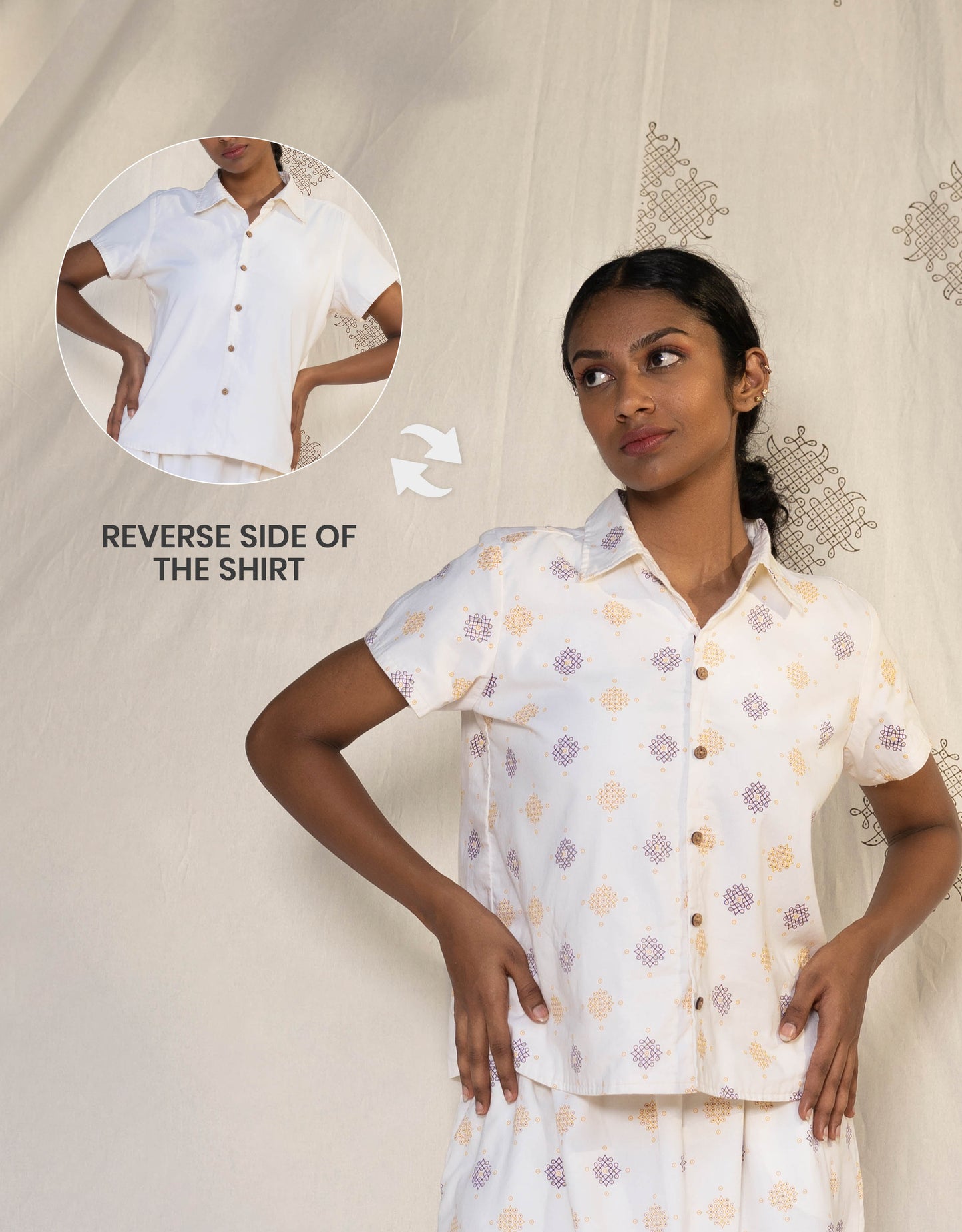 Front view of Hueloom's Reversible Shirt in Off-White Kolam print showing versatile reversible option