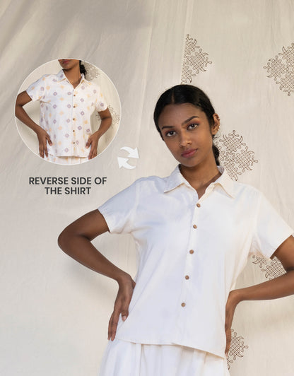 Front view of Hueloom's Reversible Shirt in Off-White showing versatile reversible option with Kolam print