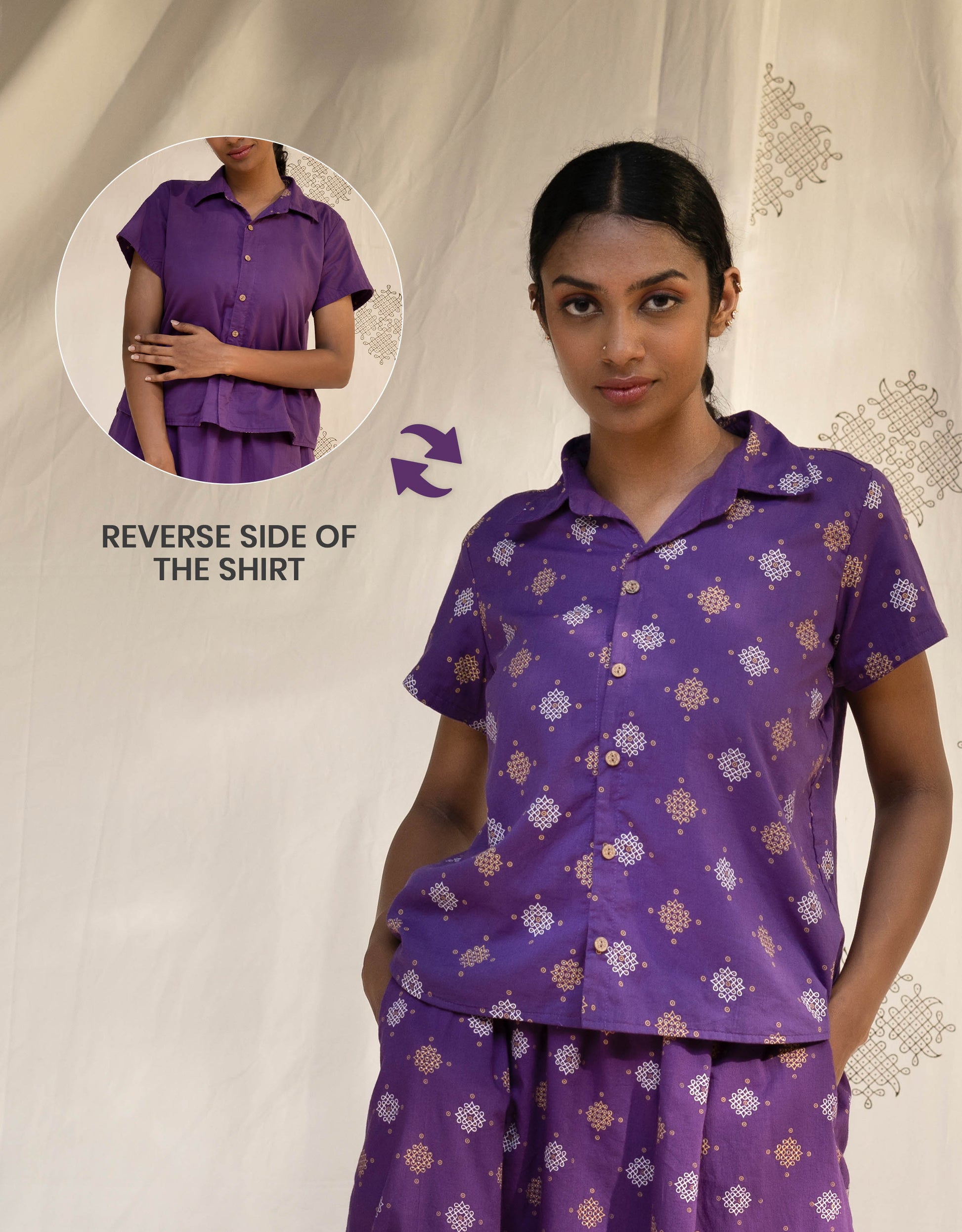 Front view of Hueloom's Reversible Shirt in Purple Kolam print showing versatile reversible option