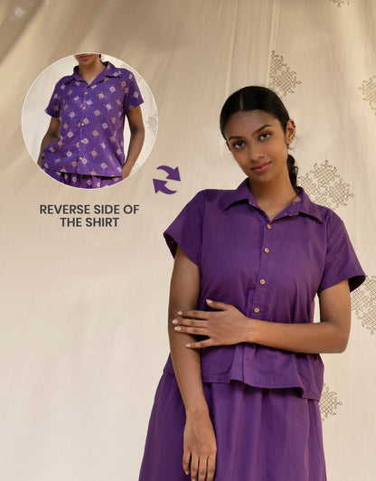 Front view of Hueloom's Reversible Shirt in Purple showing versatile reversible option with Kolam print