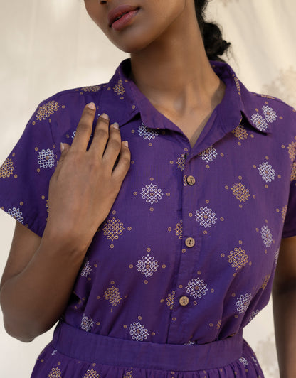 Hueloom Purple Kolam print reversible Shirt close up view