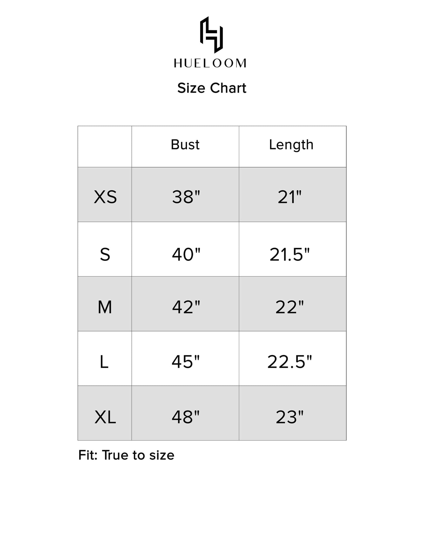 Hueloom's Reversible Shirt's size chart guide for sizes XS, S, M, L, XL