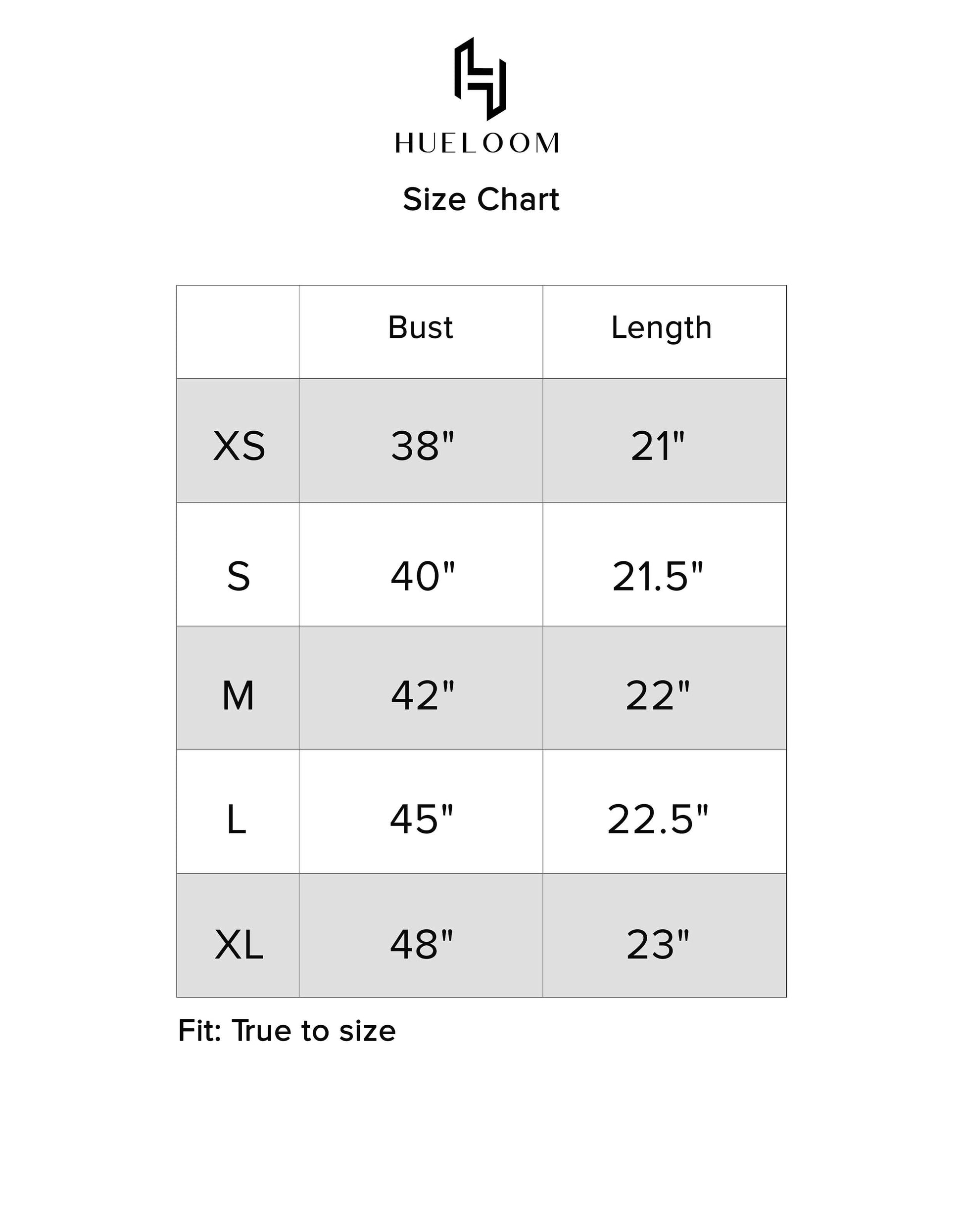Hueloom's Reversible Shirt's size chart guide for sizes XS, S, M, L, XL