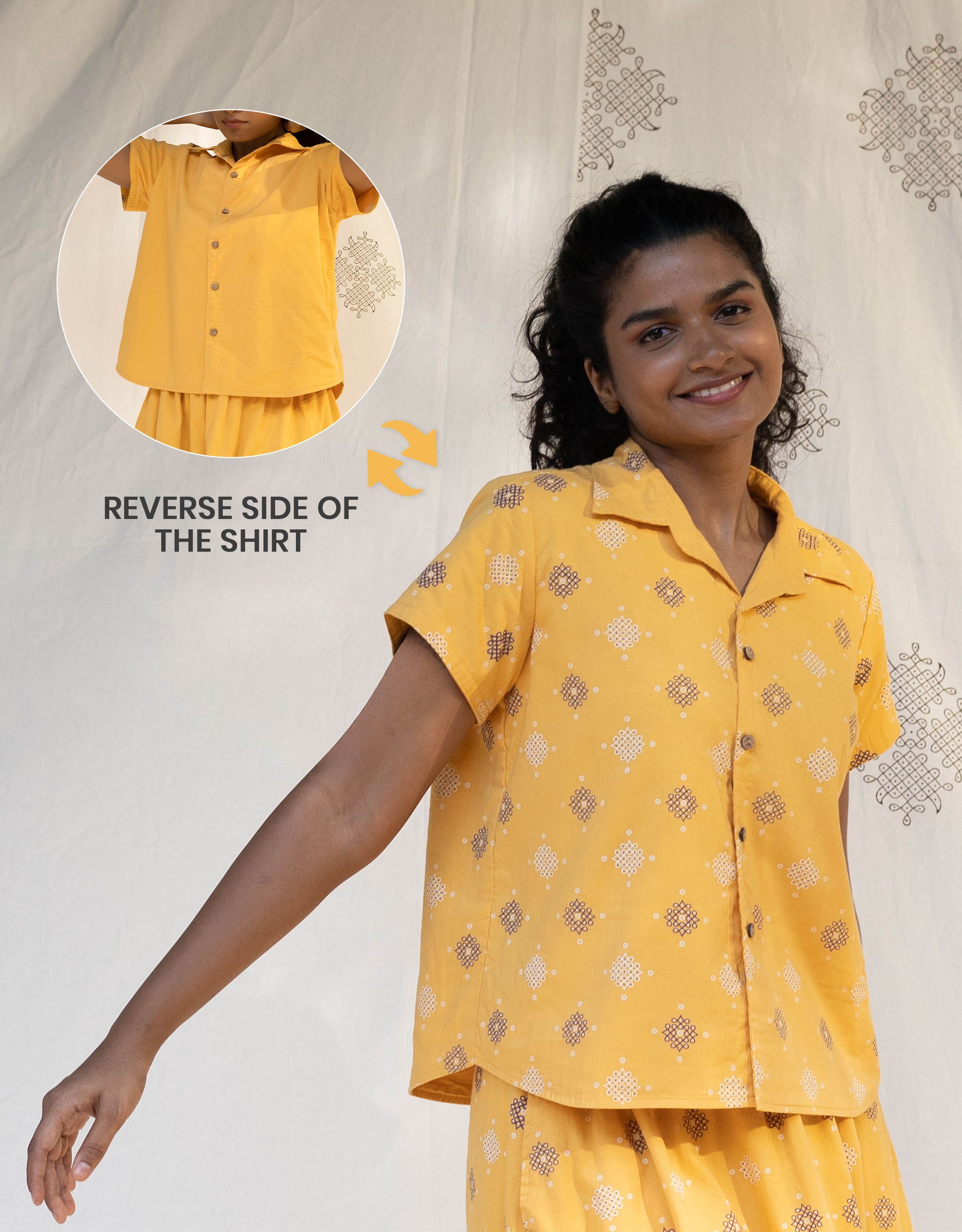 Front view of Hueloom's Reversible Shirt in Yellow Kolam print showing versatile reversible option