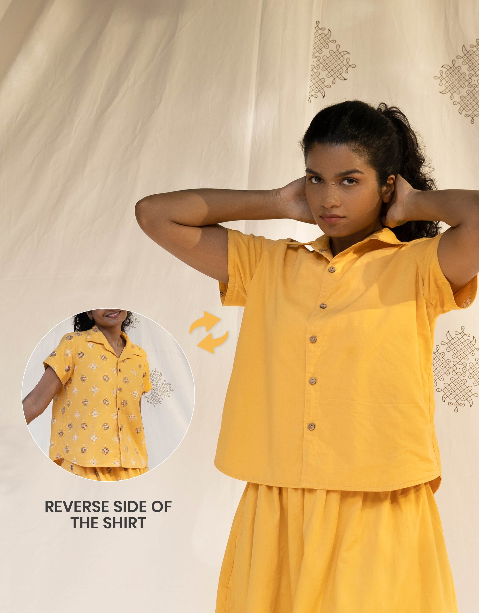 Front view of Hueloom's Reversible Shirt in Yellow showing versatile reversible option with Kolam print