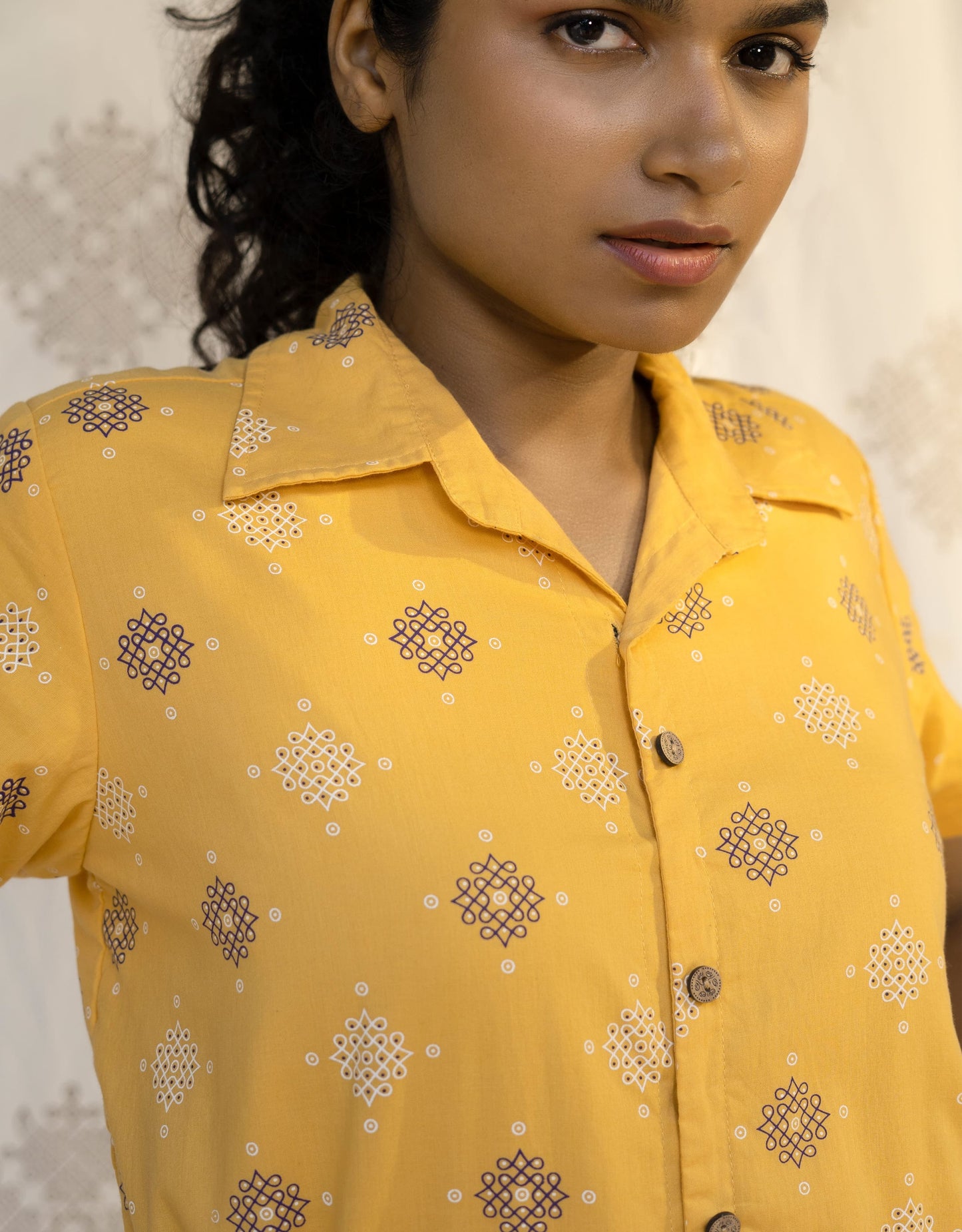 Hueloom Yellow Kolam print reversible Shirt close up view