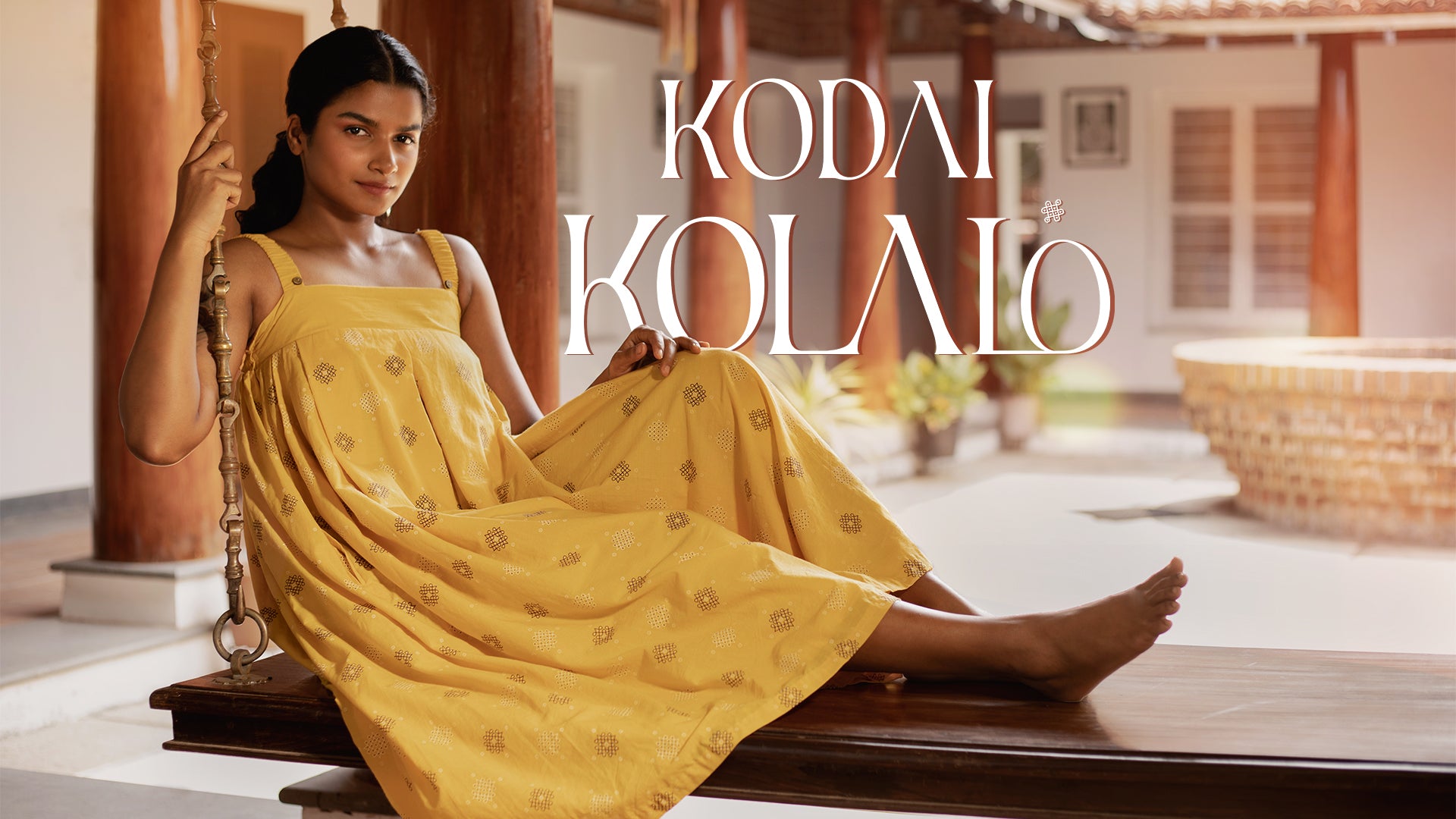 Hueloom's Kodai Kolam Collection Banner showing Yellow Pleated Covertible Jumpsuit