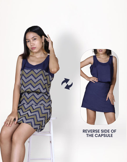 Hueloom's midnight capsule with reversible top and skirt in navy kolam print with reverse side.