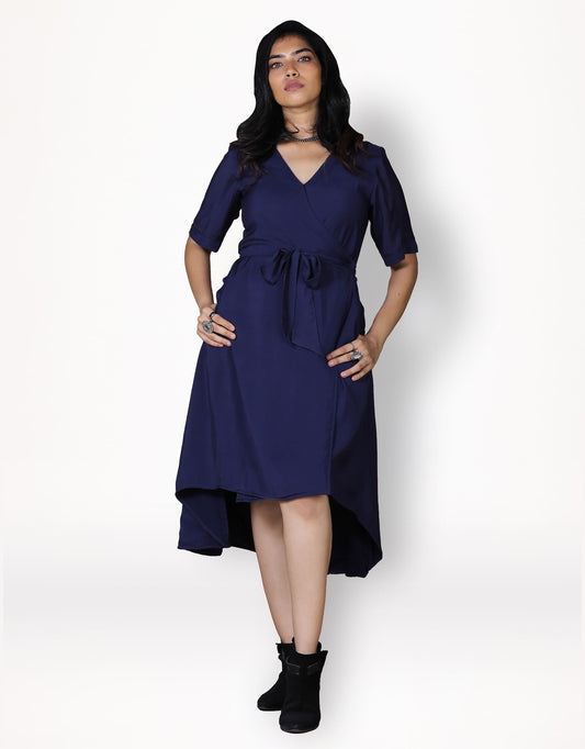 Front view of Hueloom's convertible wrap dress in navy.