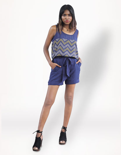 Front view of Hueloom's detachable romper shorts in navy.