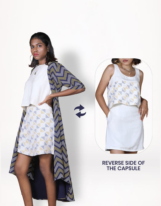 Hueloom's nexus capsule with wrap dress, top and skirt in white and navy with kolam print.