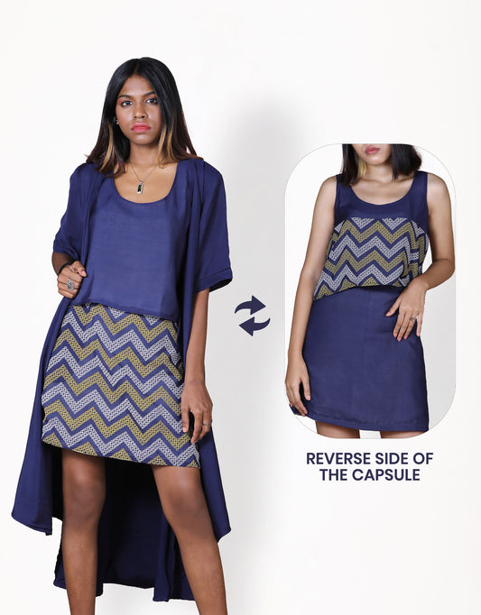 Hueloom's stardust capsule in navy with wrap dress, top and skirt with kolam print.